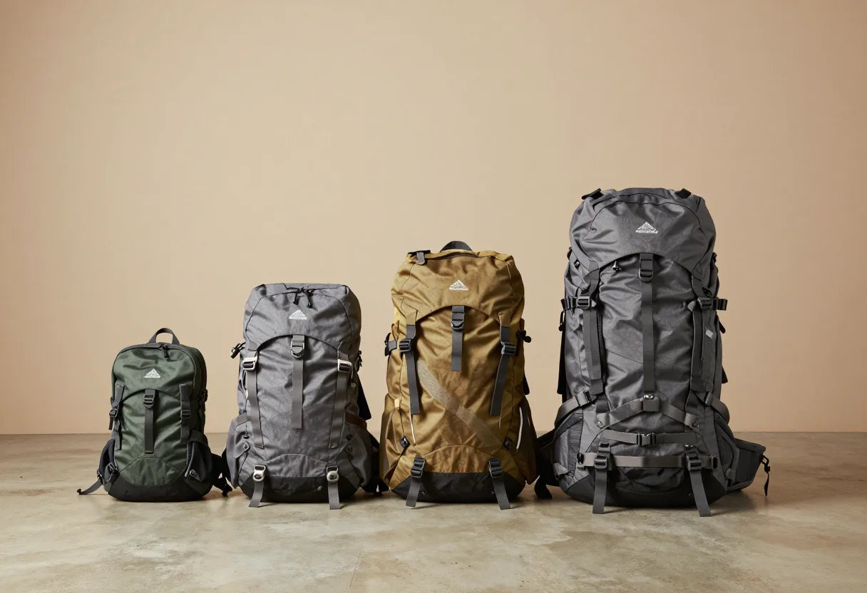 Cinq sacs à dos de contenances croissantes alignés, du petit sac de ville au grand sac de trek