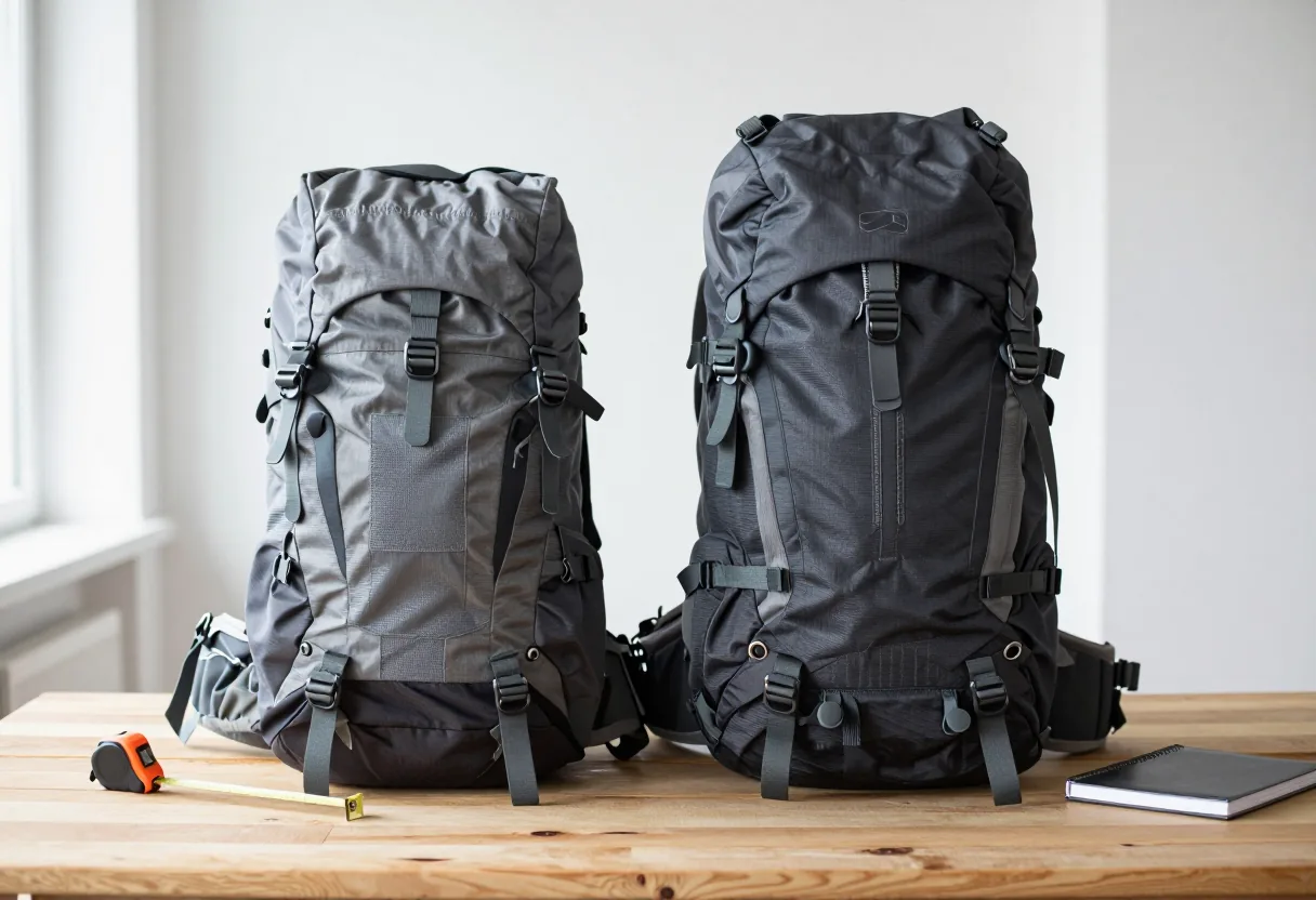 Un sac à dos de ville de 20 litres et un sac de trek de 60 litres côte à côte sur une table