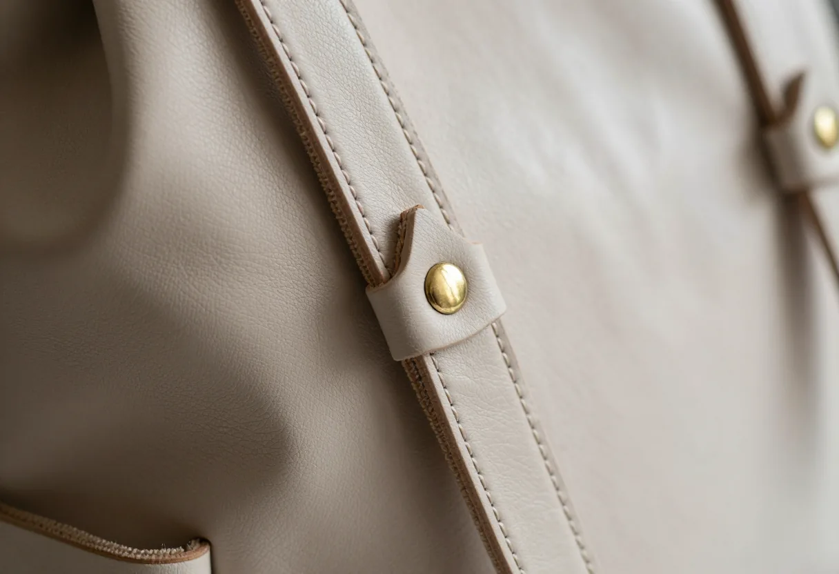 Couture triangulaire renforcée et rivet en laiton à la jonction d'une bretelle de sac en cuir