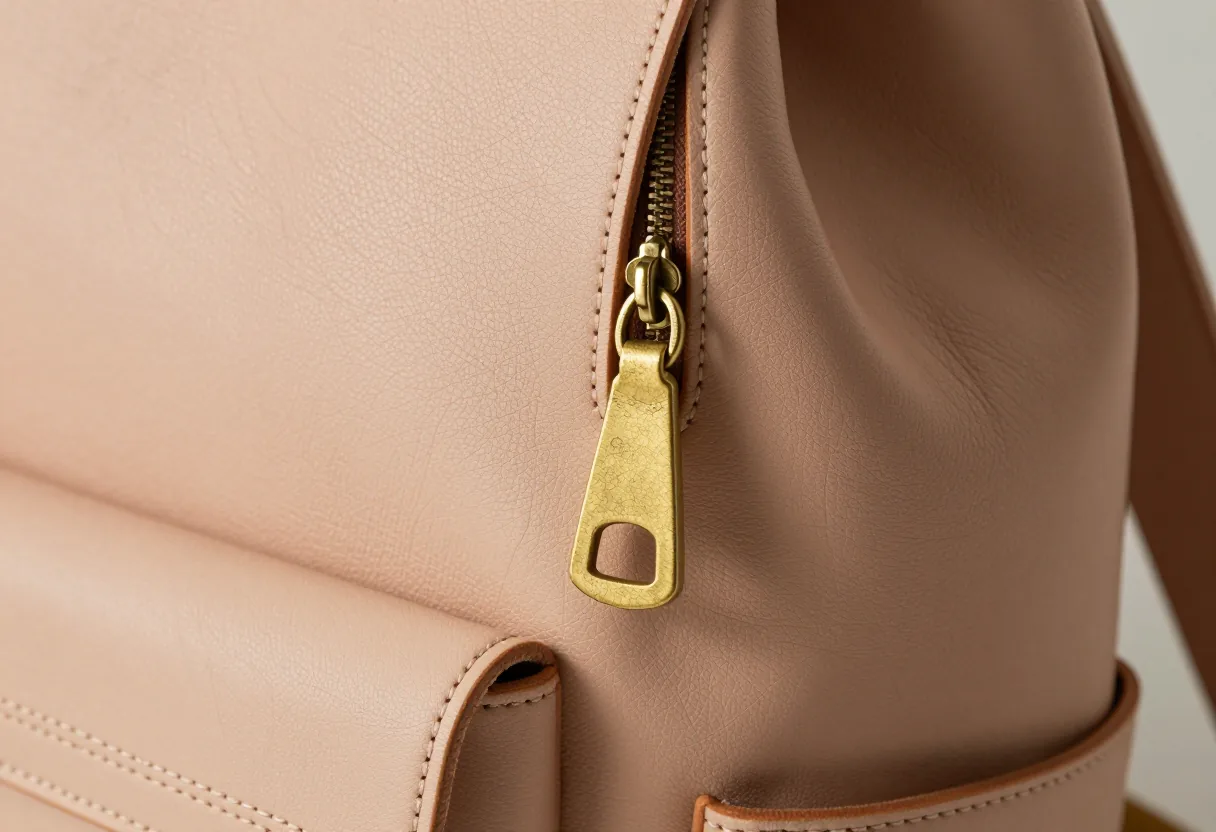 Gros plan du grain naturel d'un cuir pleine fleur, avec sa couture et son curseur en laiton