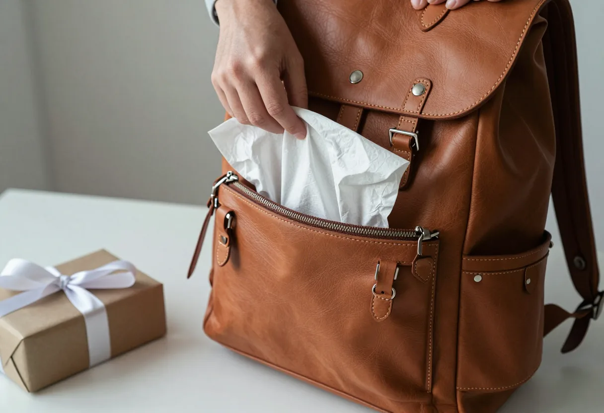 Sac à dos en cuir rembourré de papier de soie avant emballage, boîte cadeau et ruban à côté