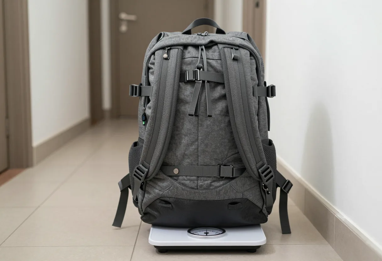 Sac à dos de voyage chargé posé sur un pèse-personne, dans un couloir
