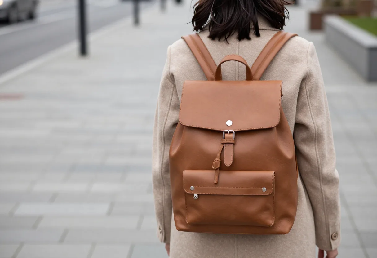 Femme de dos portant un sac à dos en cuir camel sur un manteau en laine beige, en ville