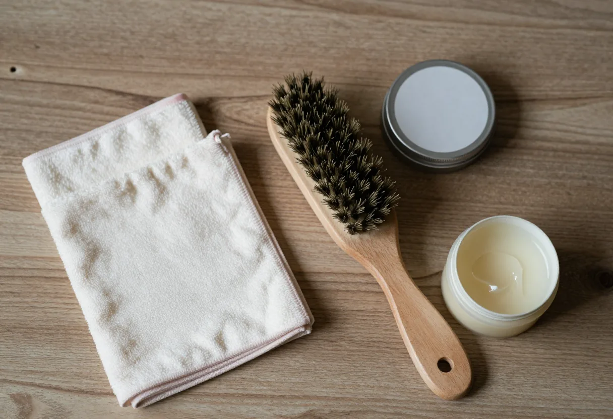 Produits d'entretien du cuir à plat : chiffons microfibre, brosse en crin, savon et crème incolore