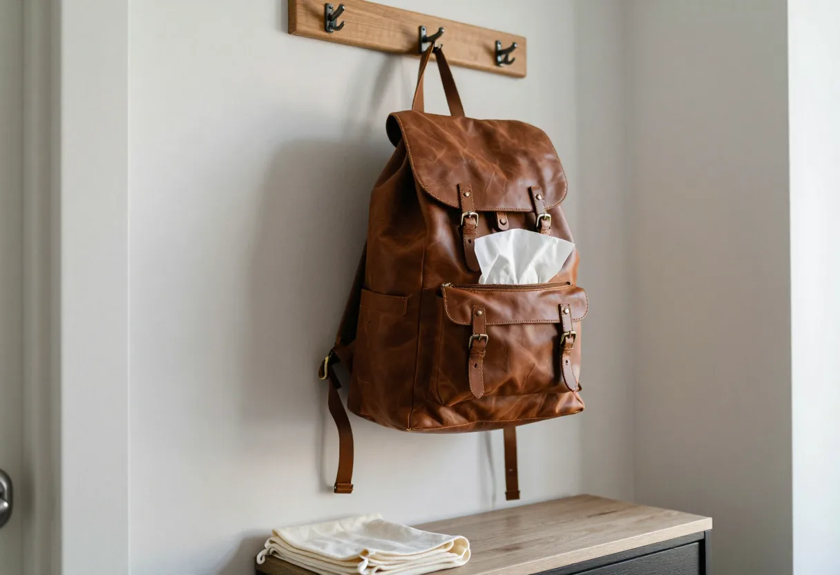 Sac à dos en cuir suspendu à une patère, rembourré de papier, avec sa housse en coton