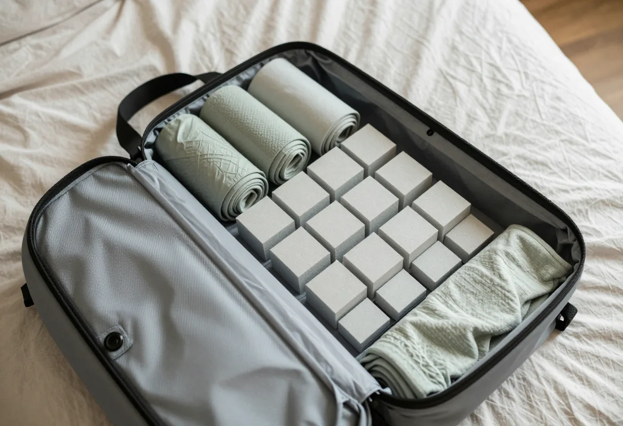 Sac à dos ouvert vu du dessus, vêtements roulés serrés et cubes de rangement à l'intérieur