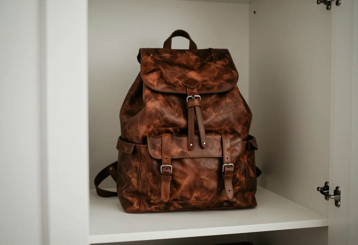 Sac à dos en cuir jamais utilisé, posé seul sur une étagère de placard dans une lumière tamisée
