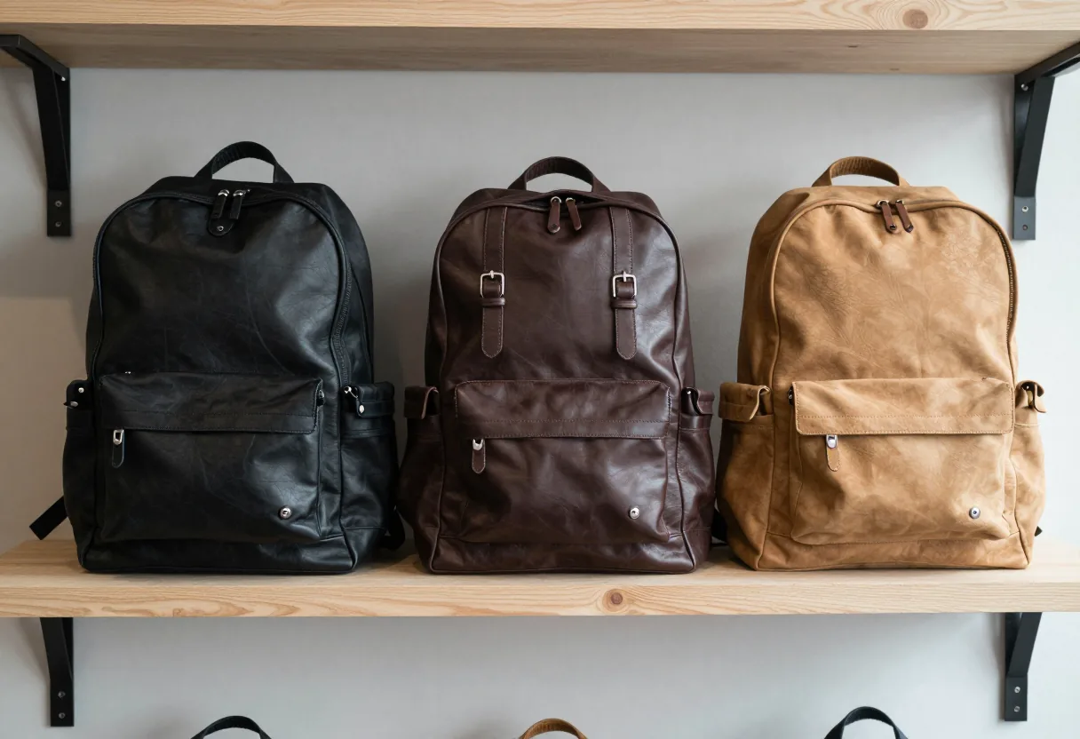 Trois sacs à dos en cuir alignés sur une étagère claire : noir, marron foncé et camel