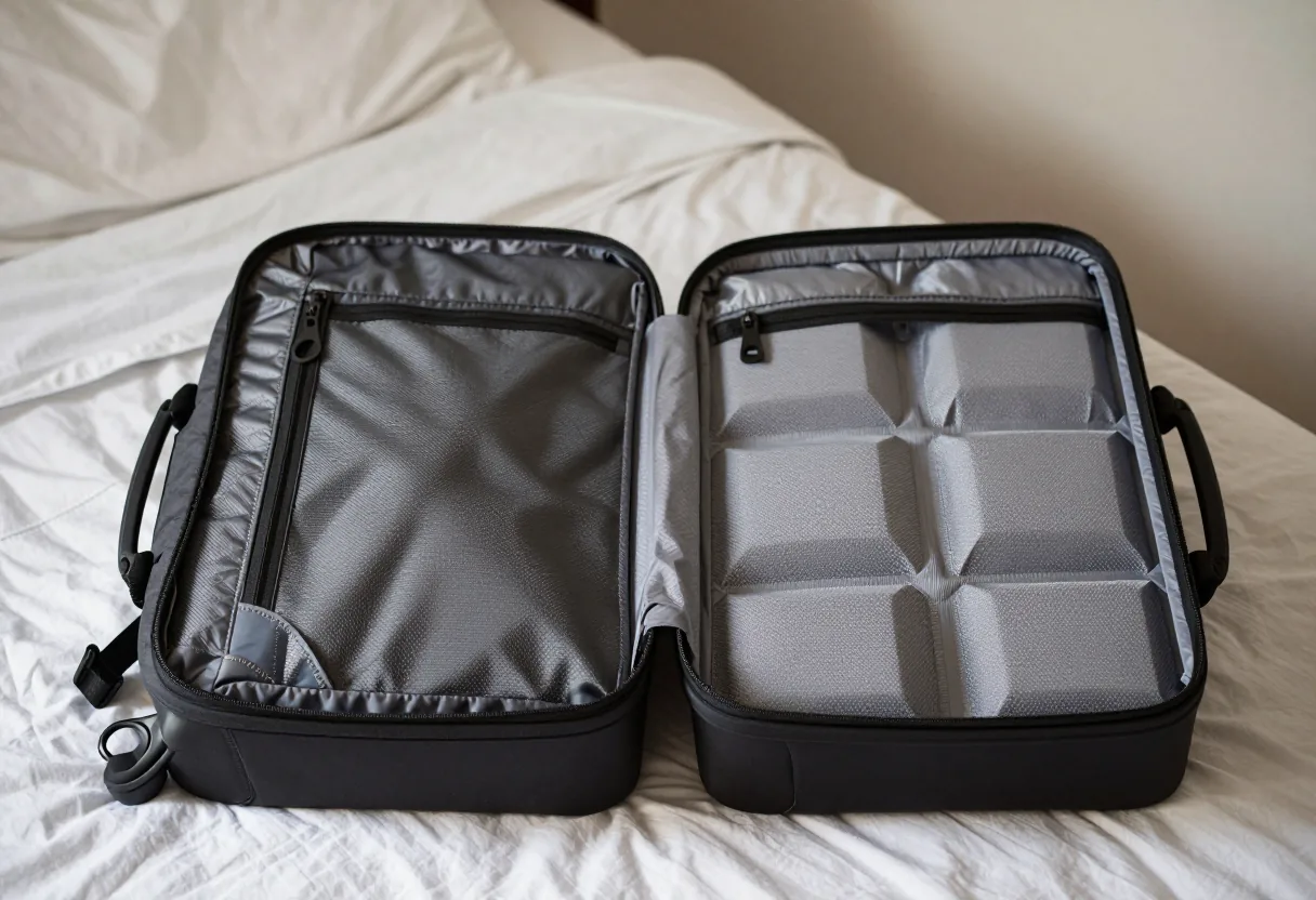 Sac à dos de voyage ouvert à plat comme une valise, cubes de rangement dans les deux moitiés