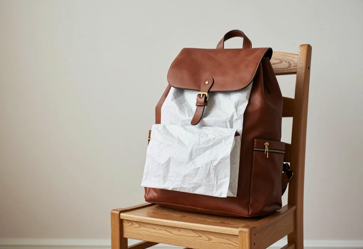 Sac à dos en cuir séchant debout sur une chaise, rembourré de papier de soie, loin d'un radiateur