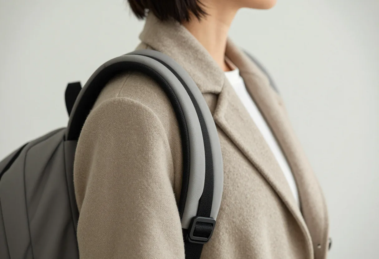 Padded, curved shoulder strap of a work backpack on the shoulder of a woman in a coat