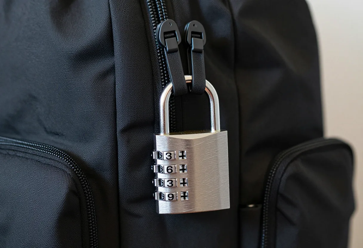 Small combination lock joining the two zipper pulls of a black backpack