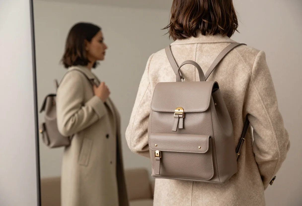 Femme essayant un petit sac à dos structuré en cuir devant un miroir, manteau sur les épaules