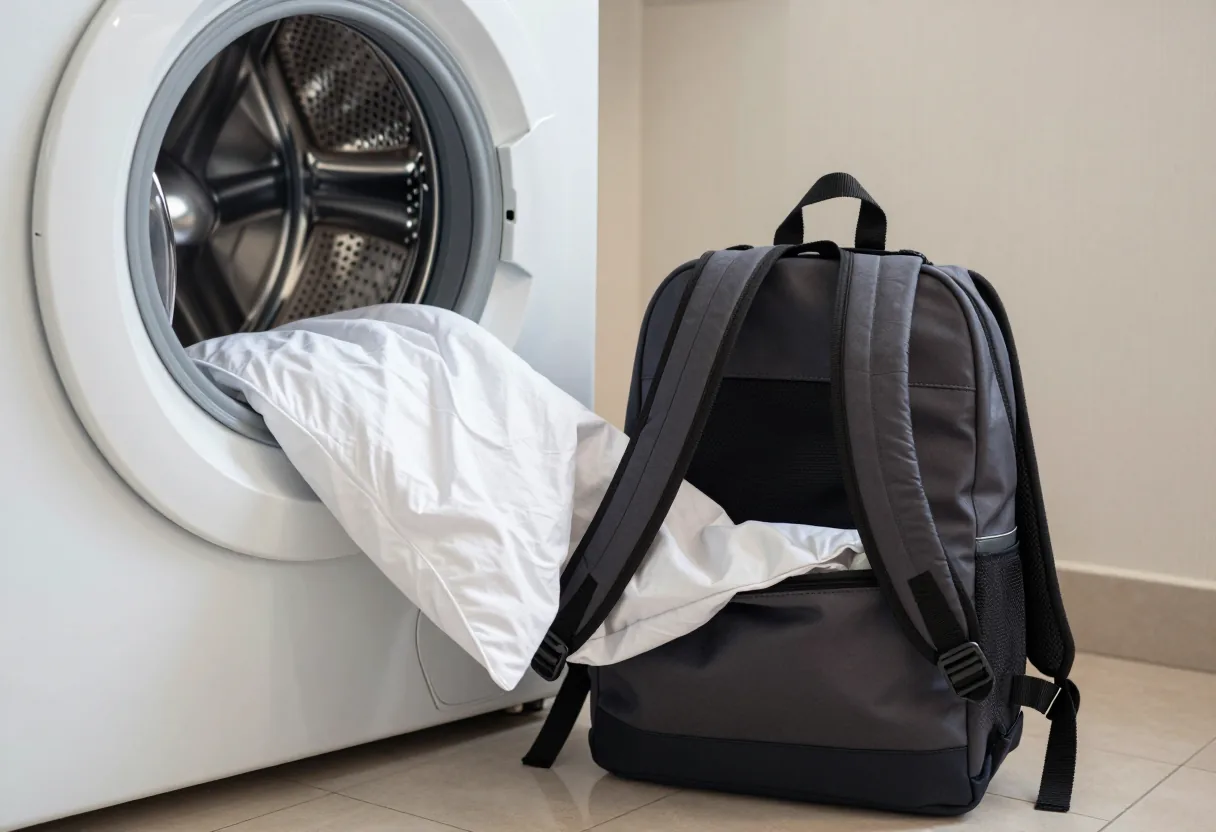 Sac à dos retourné dans une taie d'oreiller fermée, devant le tambour d'une machine à laver