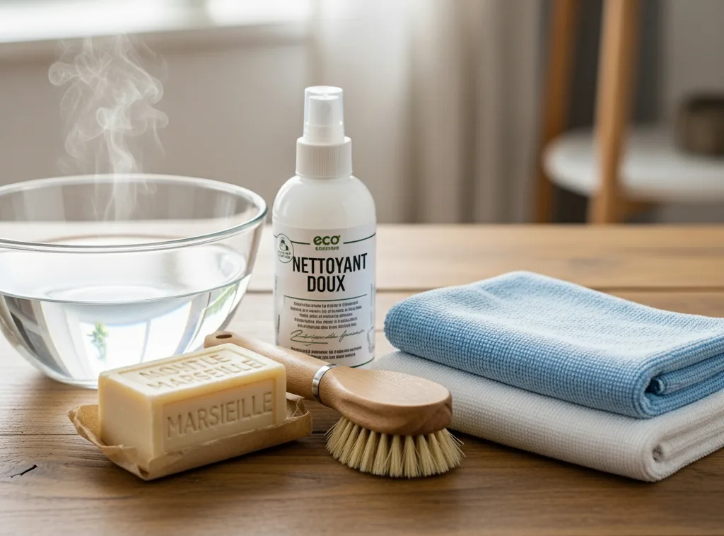 Matériel pour nettoyer un sac à dos : bol d'eau tiède, savon de Marseille, brosse douce et chiffons microfibre