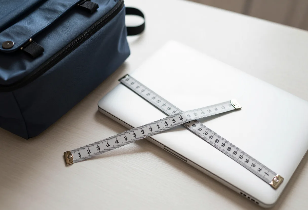 Tape measure laid across the width of a closed laptop, next to a backpack