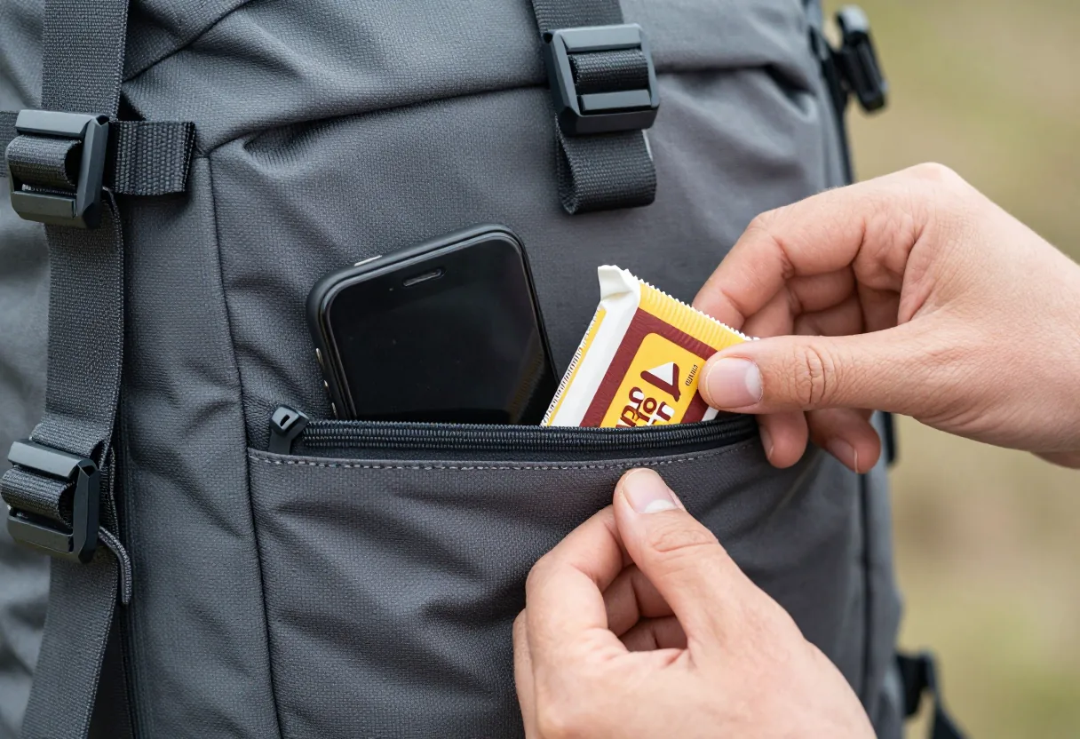 Poche de ceinture ventrale d'un sac à dos contenant un téléphone et des barres de céréales