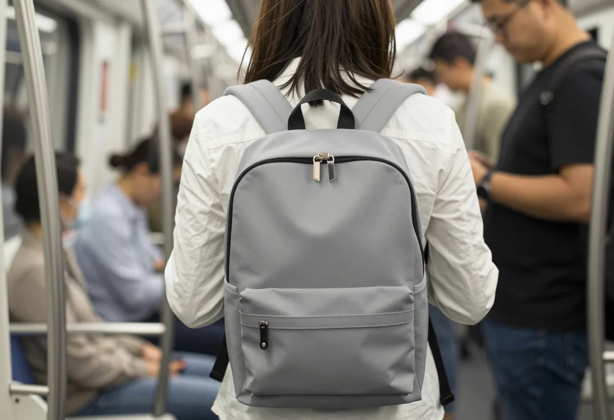 Compact backpack worn on the front against the chest in a crowded subway car