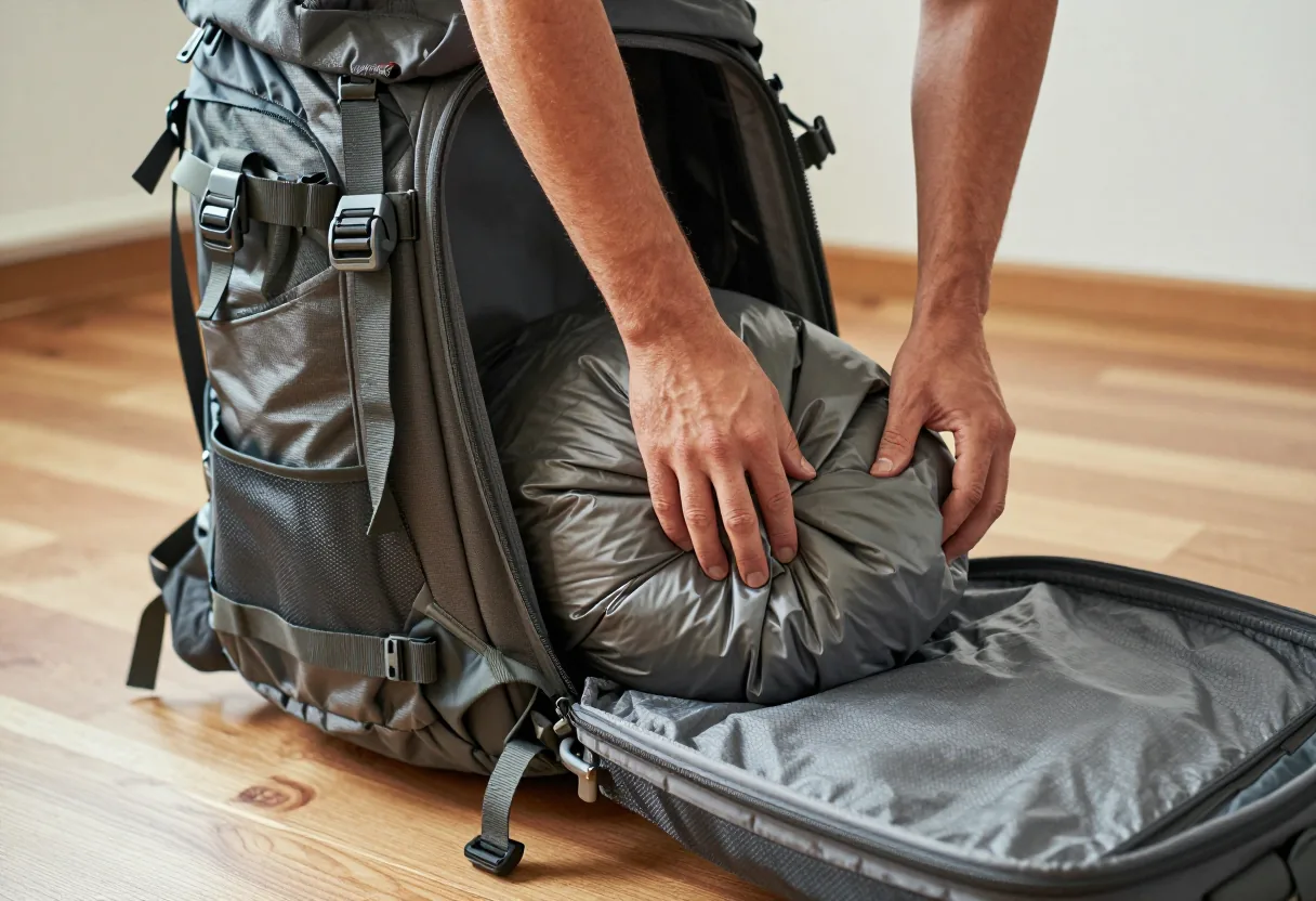 Sac de couchage tassé dans le compartiment du bas d'un sac à dos de trekking ouvert