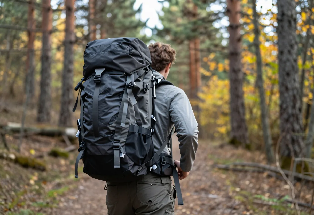 Randonneuse ajustant la ceinture ventrale de son sac à dos chargé sur un sentier en forêt