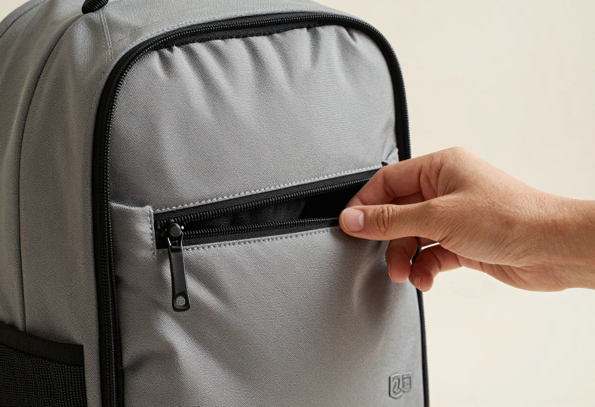 Close-up of the hidden back zipper of an anti-theft backpack, opened by hand