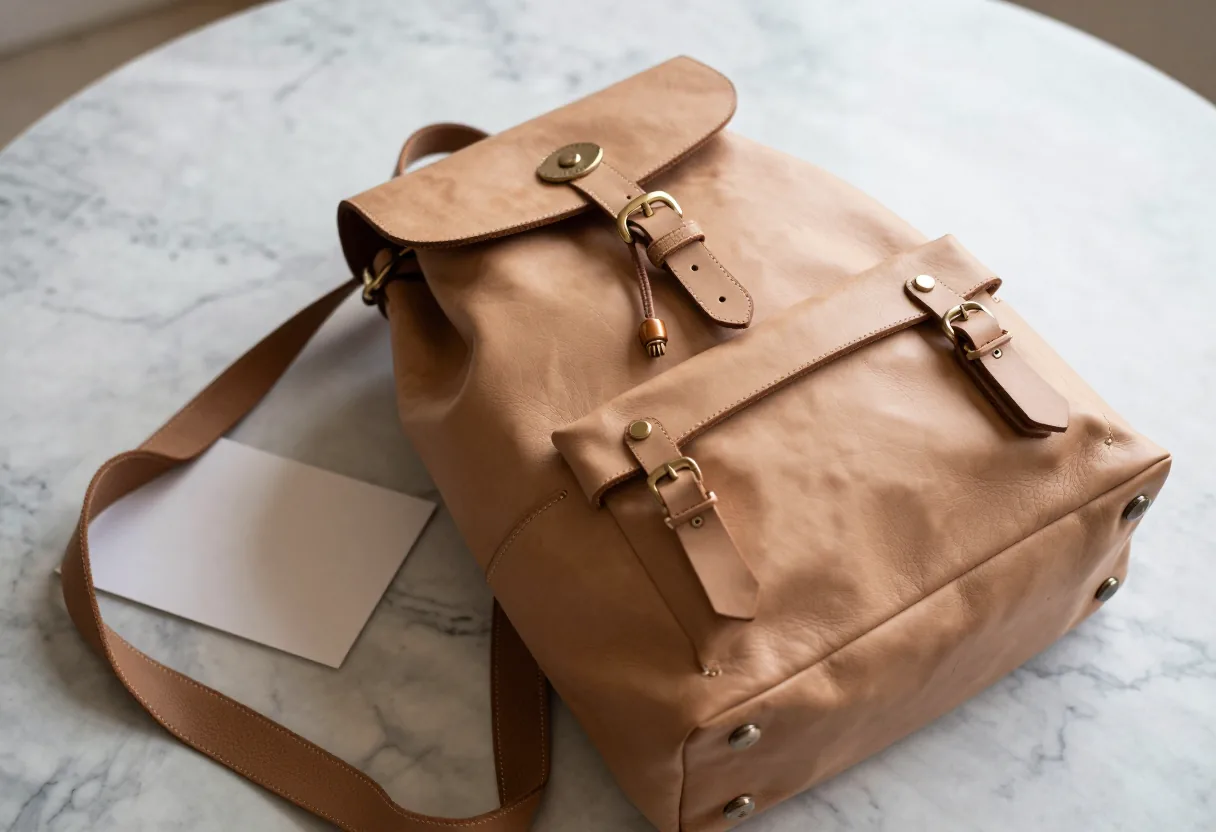 Sac à dos en cuir pleine fleur camel sur un plan en marbre, avec un ruban de soie et une carte