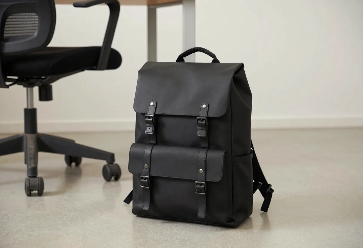 Structured black leather backpack standing upright at the foot of a desk, next to a chair