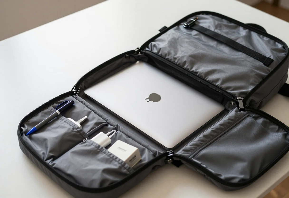 Open work backpack showing its padded laptop compartment and its organizer