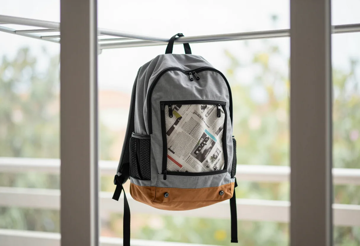 Sac à dos suspendu à l'envers près d'une fenêtre, fermetures ouvertes, papier journal à l'intérieur
