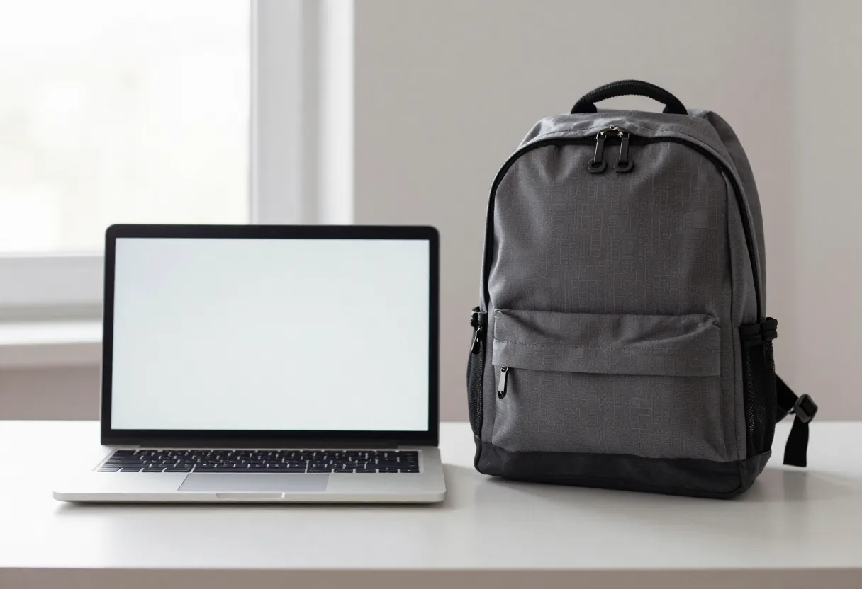Ordinateur portable et petit sac à dos de ville côte à côte, montrant la différence de format