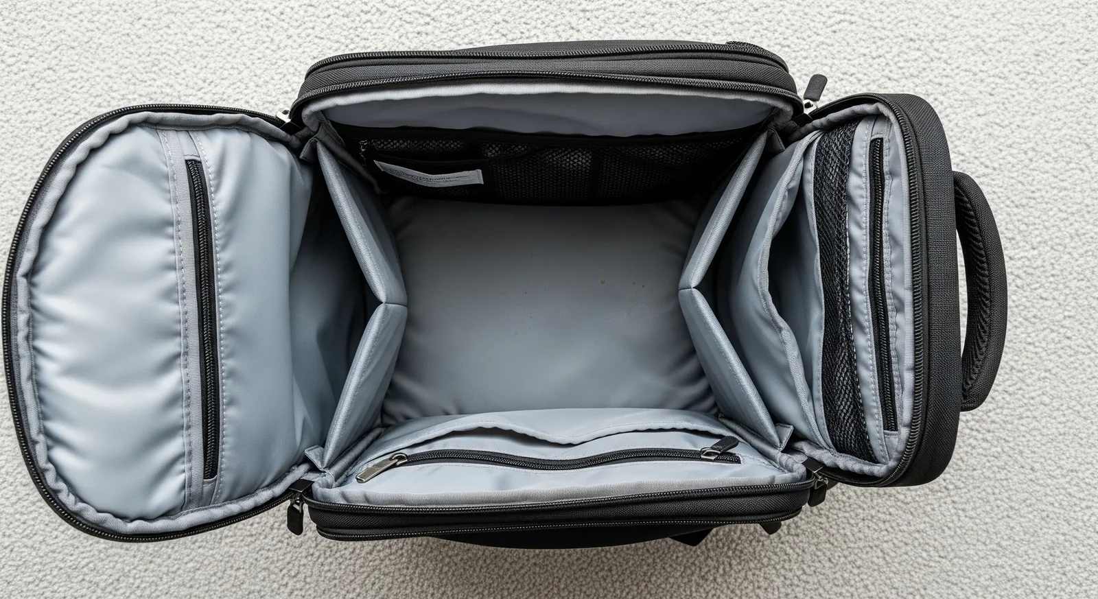 Sac à dos entièrement ouvert et vidé, tous ses compartiments dégagés avant le lavage