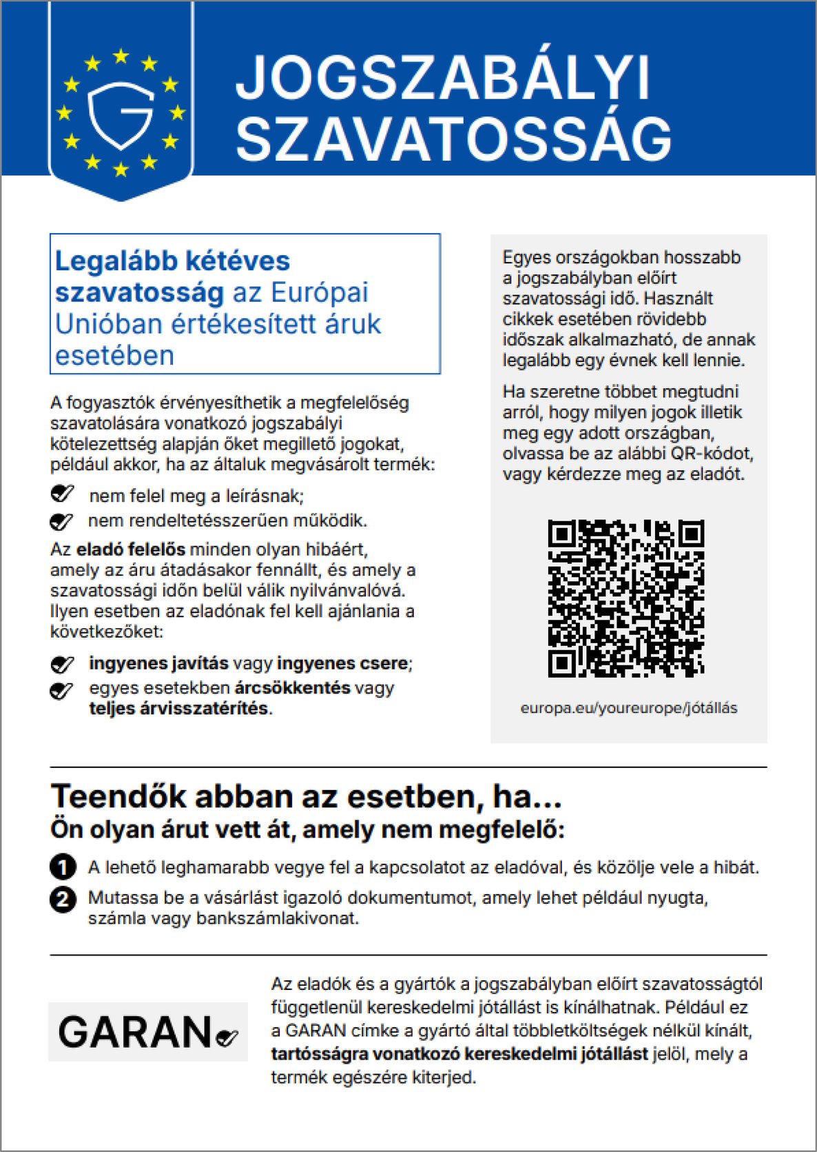 Jogszabályi szavatosság: uniós harmonizált értesítés a megfelelőség szavatolására vonatkozó jogszabályi kötelezettségről