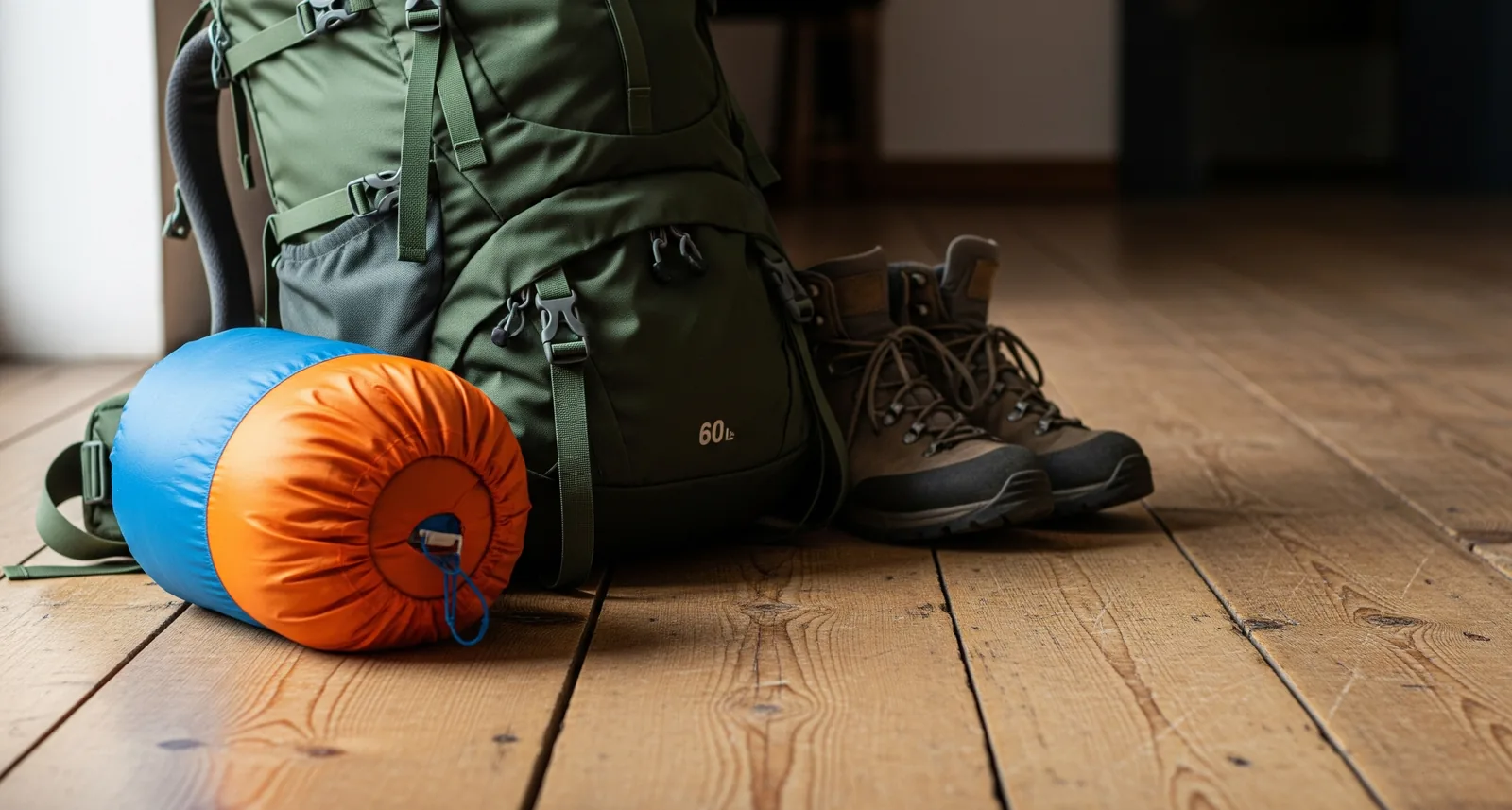 Sleeping bag compressed in its stuff sack, next to a 60-litre backpack and hiking boots