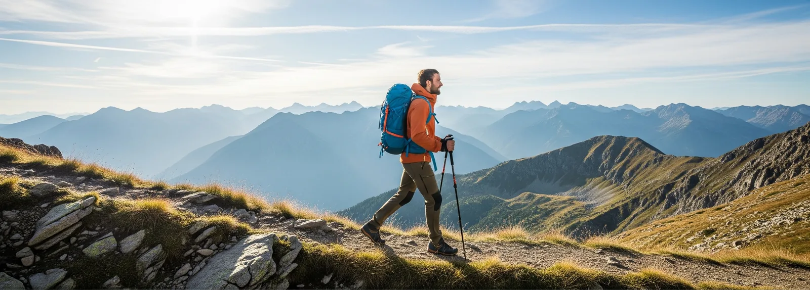 Hiker carrying a well-balanced backpack on a mountain ridge path