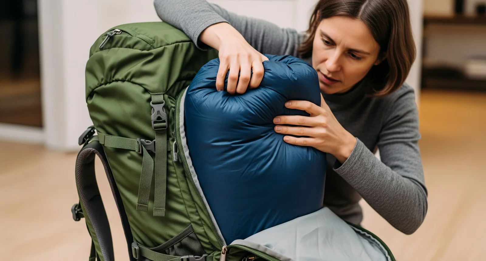 Sleeping bag pressed down by hand into the bottom compartment of a hiking backpack