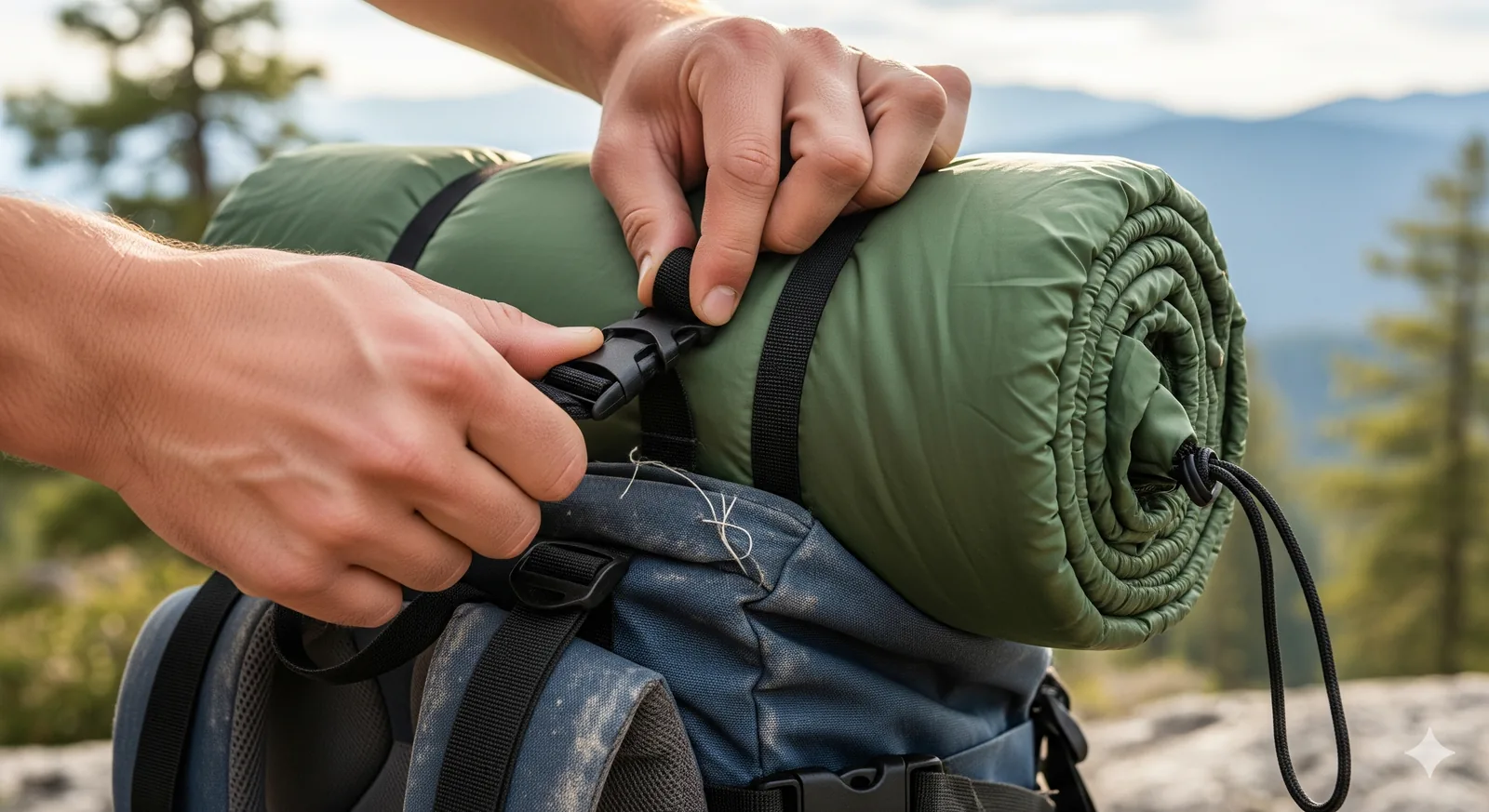 Hands tightening the compression strap that holds a rolled sleeping bag under a backpack