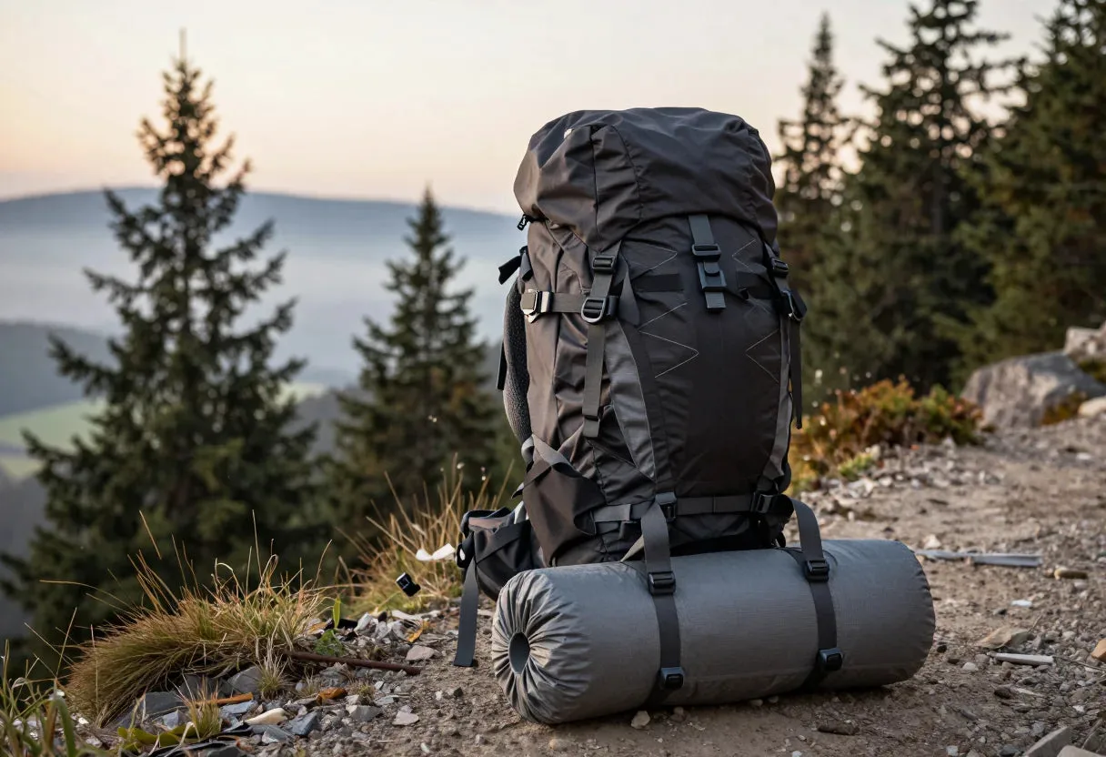 Hiking backpack with a sleeping bag strapped underneath, in a forest