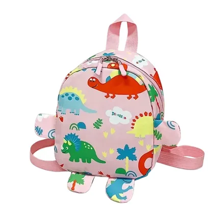 Pink dinosaur backpack with a print of colorful dinosaurs, small arms and feet