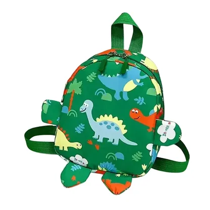 Green dinosaur backpack with a print of colorful dinosaurs, small arms and feet