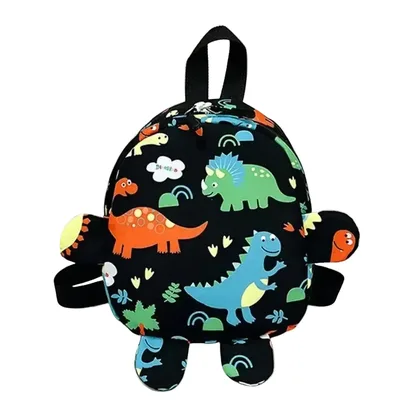 Black dinosaur backpack with a print of colorful dinosaurs, small arms and feet