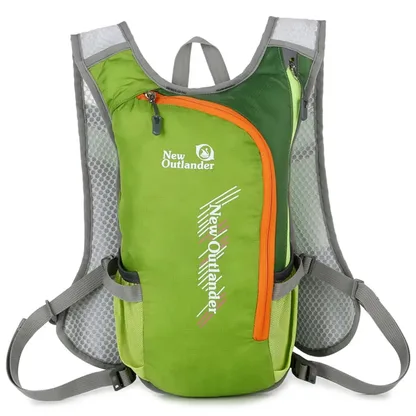 Green running and cycling backpack with an orange zipper and gray mesh straps, front view