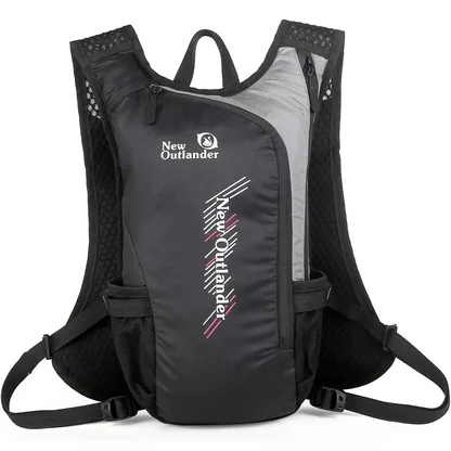 Black running and cycling backpack with gray mesh straps, front view
