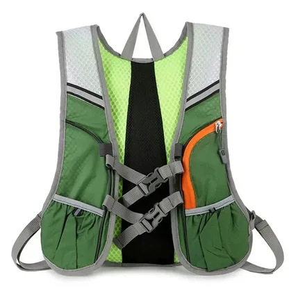 Green vest-style straps with front pockets and chest buckles, seen from the wearer's side