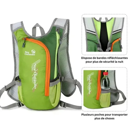 Green backpack with close-ups of the reflective strips and a bottle in the side pocket