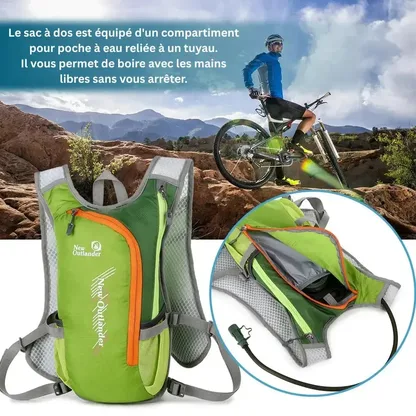 Green backpack with its bladder compartment and drinking tube, and a rider on a mountain bike