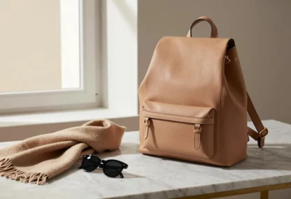 Sac à dos en cuir pleine fleur camel posé sur un plan en marbre, avec une écharpe en laine