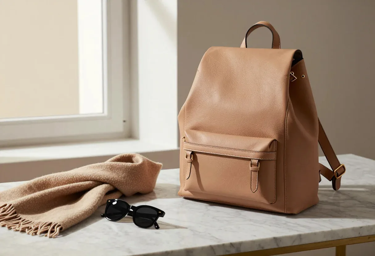 Sac à dos en cuir pleine fleur camel posé sur un plan en marbre, avec une écharpe en laine