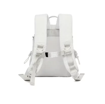 Off-white backpack seen from the back, with adjustable straps and a chest strap