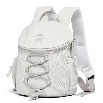 Off-white mini hiking backpack with bungee cord lacing on a mesh front and side pockets