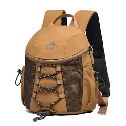 Brown mini hiking backpack with dark mesh front panels, bungee cord lacing and side pockets
